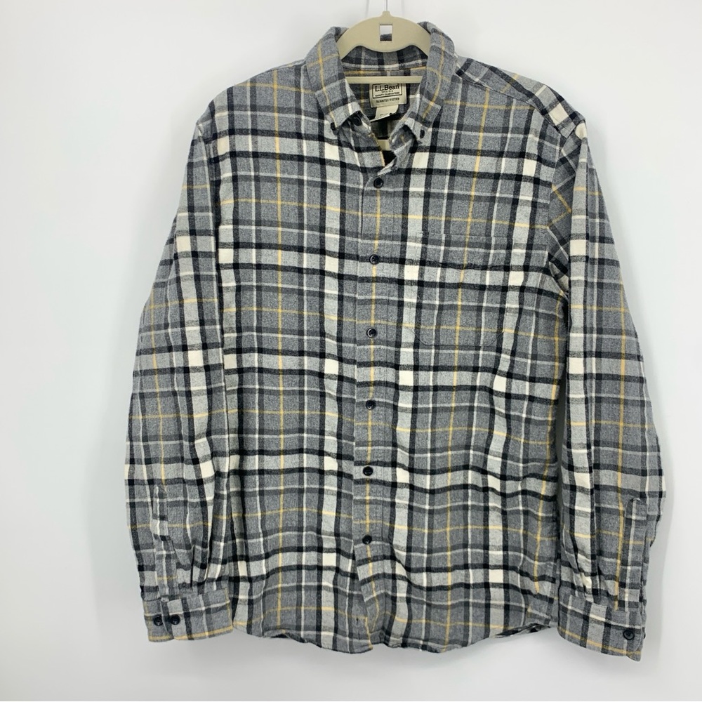 LL Bean Men Size Medium TALL Shirt Button Down Top Gray Flannel Plaid Cotton